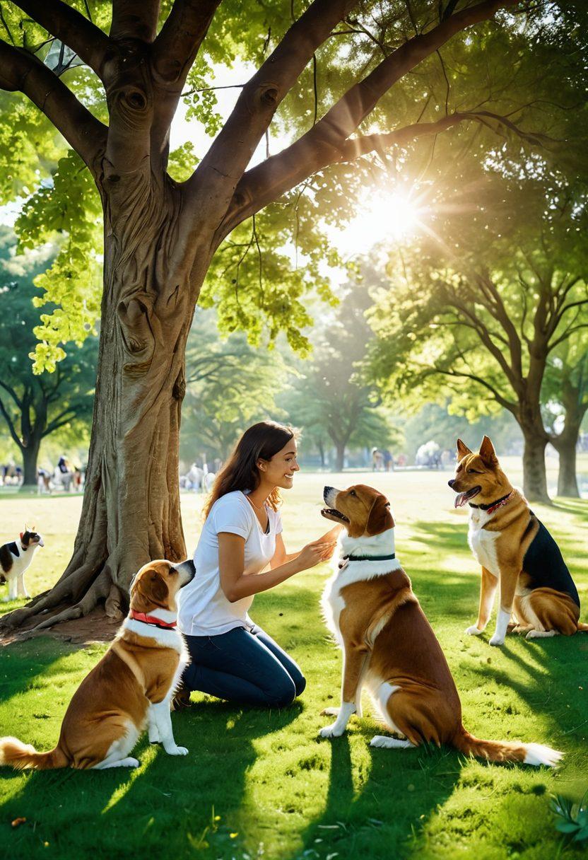 A heartwarming scene of diverse furry companions, such as dogs and cats, happily playing in a lush green park, surrounded by soft sunlight filtering through trees. Include a caring person kneeling down to pet them, symbolizing love and compassion towards animals. Incorporate educational elements subtly in the background, like infographics on animal welfare. The atmosphere should feel uplifting and joyful. super-realistic. vibrant colors. natural setting.