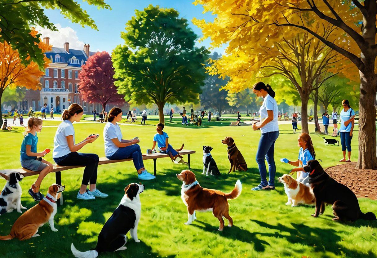 A warm and inviting scene showing a diverse range of people caring for their pets in a sunny park. Include dogs of various breeds playing fetch, a person brushing a cat, and children feeding birds while a veterinarian observes nearby. Elements of nature should be vibrant, indicating a healthy environment. Emphasize joy and companionship between pets and humans. super-realistic. vibrant colors. outdoor setting.