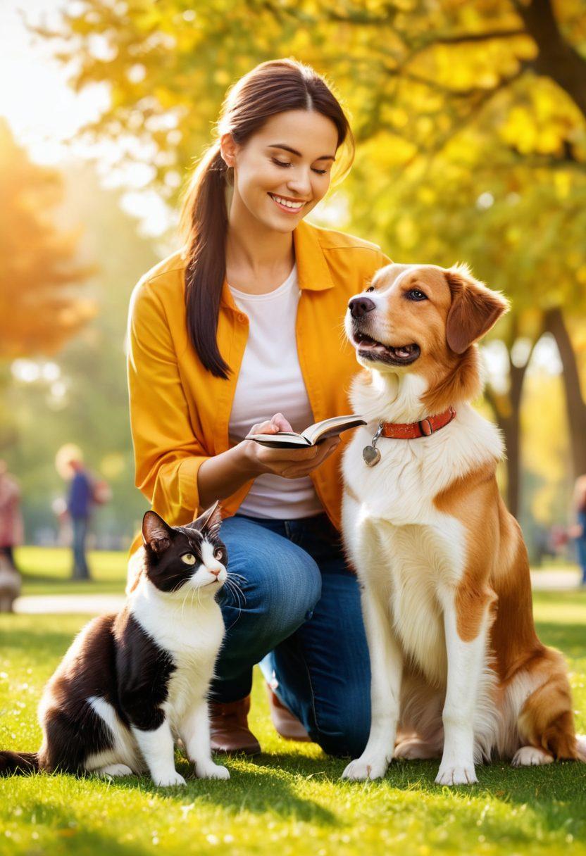 A loving pet owner training their dog in a sunny park, surrounded by various pets like cats and birds, showcasing advanced training techniques and responsible care. Add elements like treats, training gear, and educational books in the background. Bright, engaging colors to evoke warmth and responsibility in pet ownership. super-realistic. vibrant colors. sunny background.